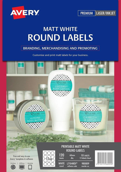 Avery Matt Round Labels L7104REV 60mm diameter 12UP Pack 120