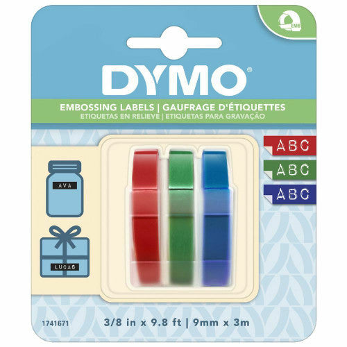 Dymo Tapewriter Embossing Tape 9mm x 3m Red Green Blue Plastic Pack of 3 Rolls