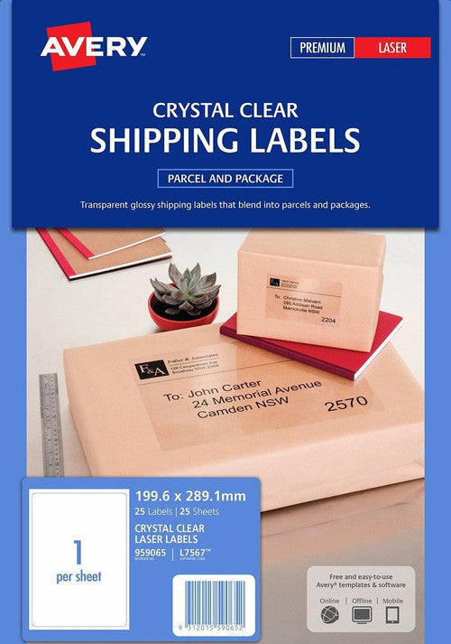 Avery Crystal Clear Shipping Labels L7567 199.6 x 289.1mm 1UP 25 Labels