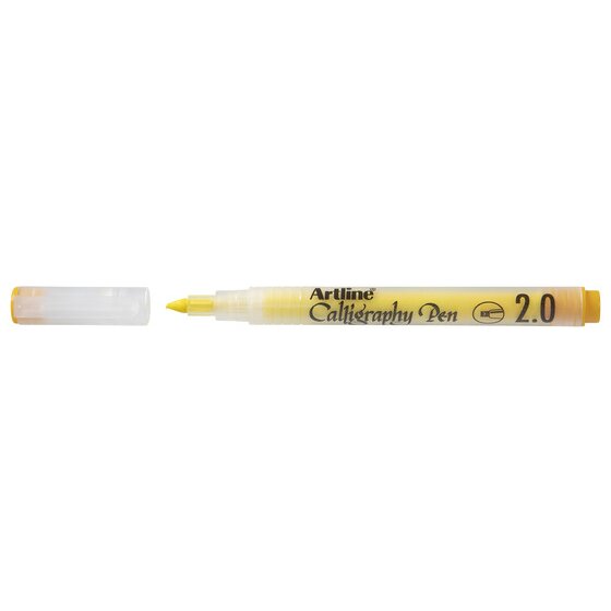 Artline Calligraphy Pen 2.0 in pastel yellow with the cap removed beside it