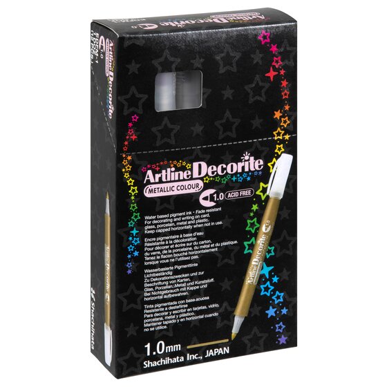 Artline Decorite 1.0mm Metallic Gold box of 12, angled view, showing Metallic Colour, Acid Free and the box text panel