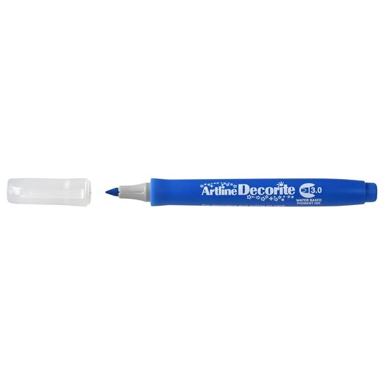Artline Decorite 3.0mm Blue marker with the cap removed beside it