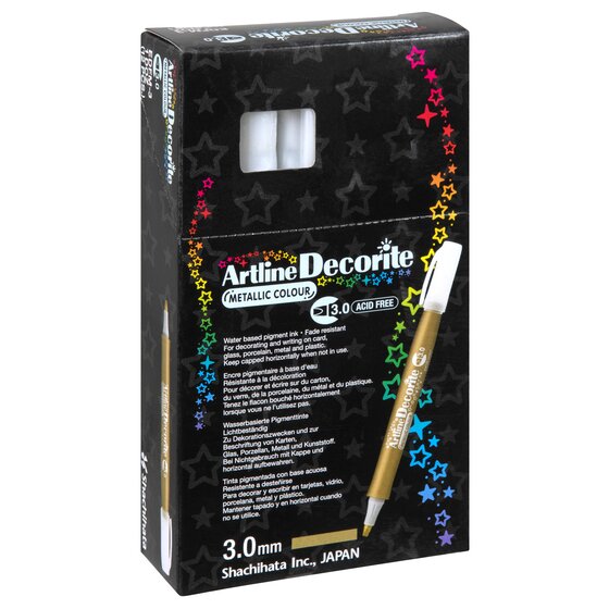 Artline Decorite 3.0mm Metallic Gold box of 12, angled view, showing Metallic Colour, Acid Free and the box text panel