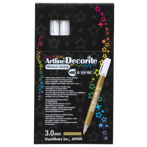 Artline Decorite 3.0mm Metallic Gold box of 12, front view, showing Metallic Colour, Acid Free and the box text panel