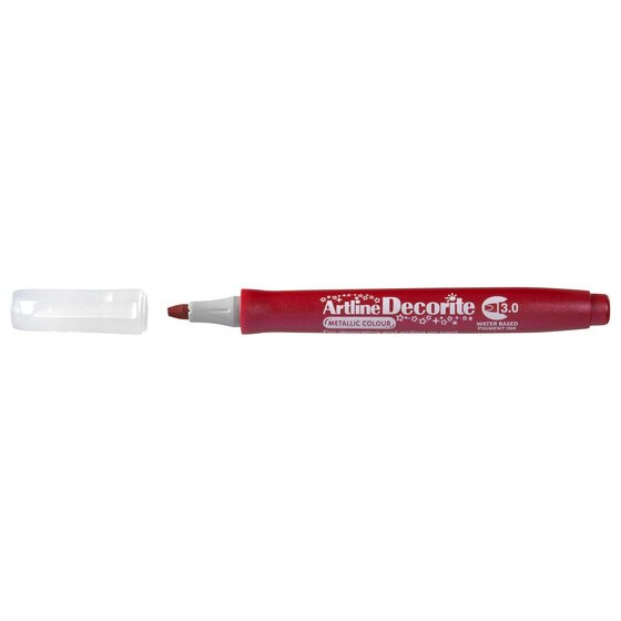 Artline Decorite 3.0mm Metallic Red marker with the cap removed beside it