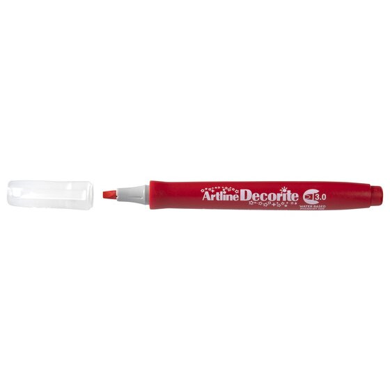 Artline Decorite 3.0mm Red marker with the cap removed beside it