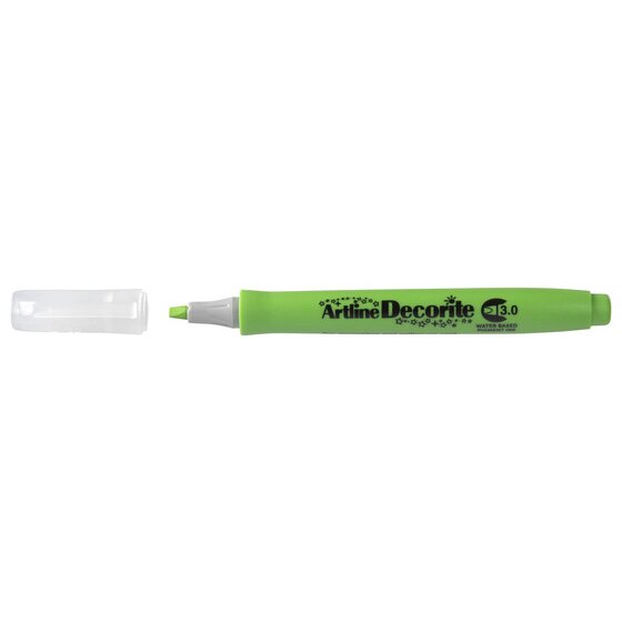 Artline Decorite 3.0mm Yellow Green marker with the cap removed beside it