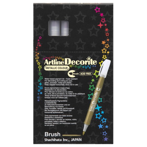 Artline Decorite Brush Gold box of 12, front view, showing Metallic Colour, Acid Free and the box text panel