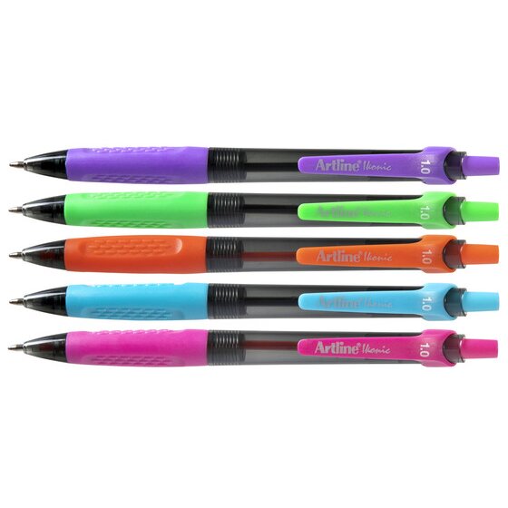 Row of 5 Artline Ikonic retractable ballpoint pens with bright coloured grips and smoky clear barrels