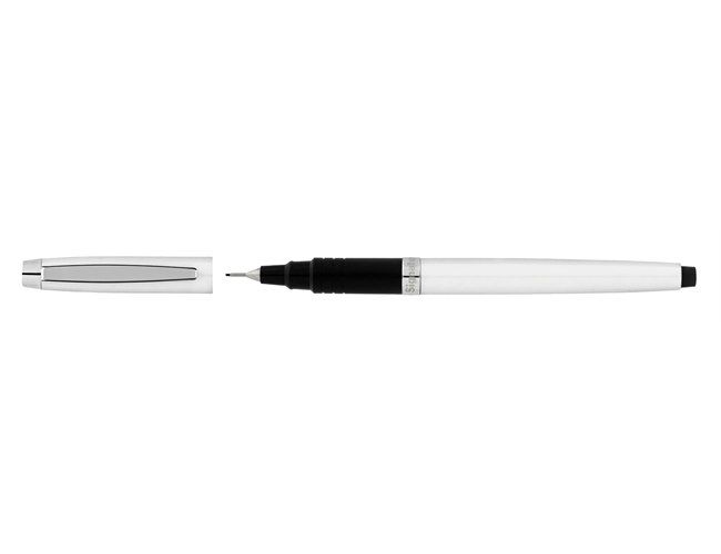Artline Signature Pearl fine pen with the cap removed beside it, white barrel, black end cap and fine tip