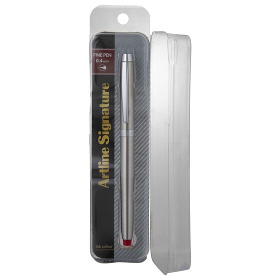 Artline Signature Silver fine pen on its card printed FINE PEN 0.4mm with a red ink colour dot, beside an open clear plastic case