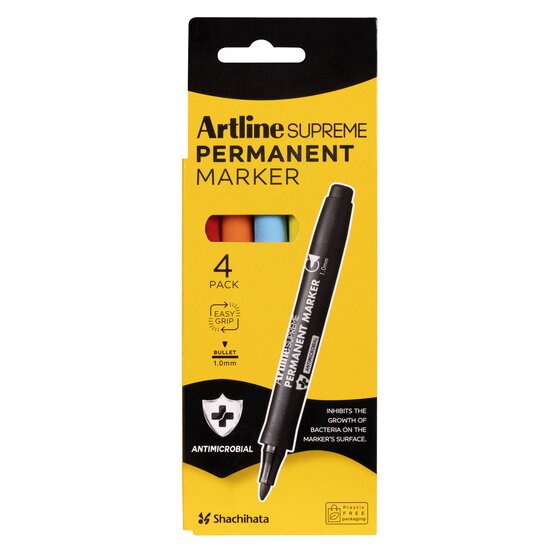 Front of the Artline Supreme Permanent Marker assorted 4 Pack box, printed Bullet 1.0mm and Antimicrobial