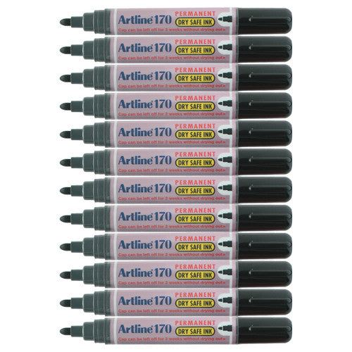 Artline 170 Dry Safe Permanent Marker 2mm Bullet Nib Black Box of 12