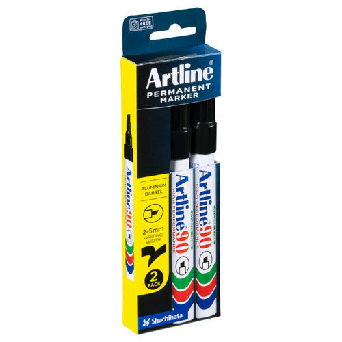 Artline 90 Permanent Marker 5mm Chisel Nib Black 2 Pack