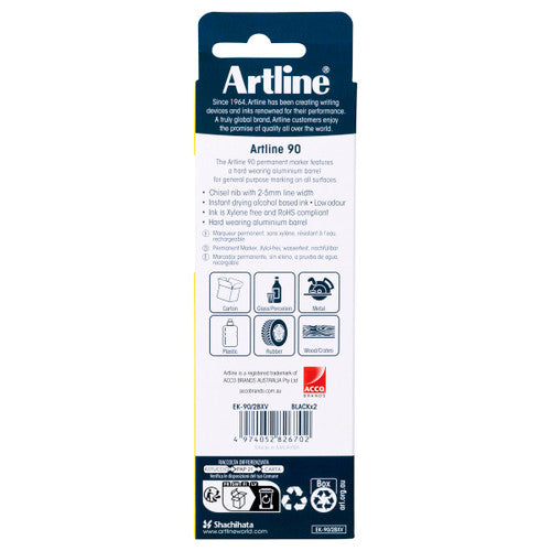 Artline 90 Permanent Marker 5mm Chisel Nib Black 2 Pack