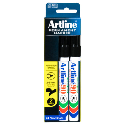 Artline 90 Permanent Marker 5mm Chisel Nib Black 2 Pack
