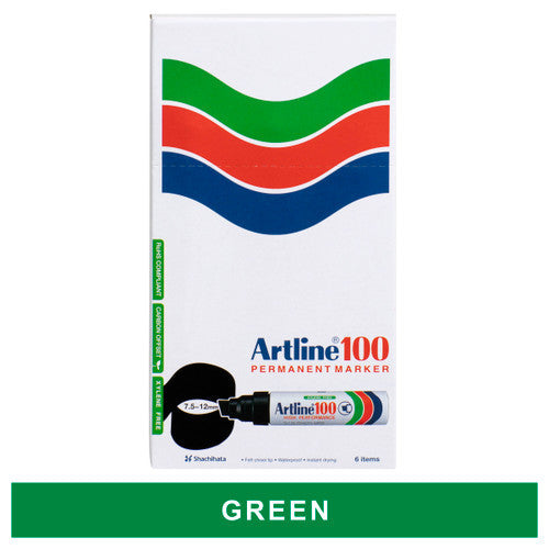 Artline 100 Permanent Marker 12mm Chisel Nib Green Box of 6