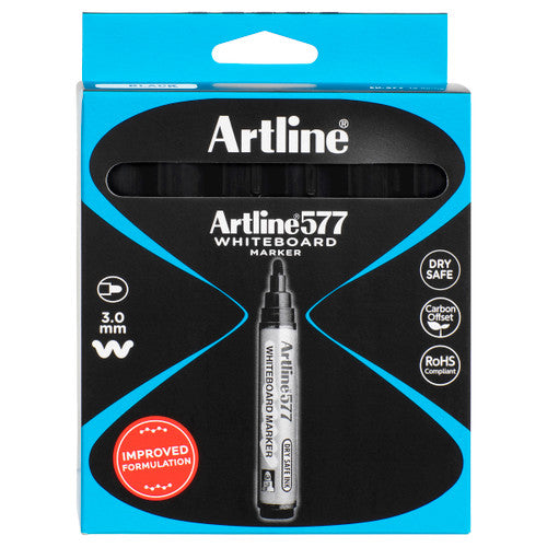 Artline 577 Whiteboard Marker 3mm Bullet Nib Black Box of 12