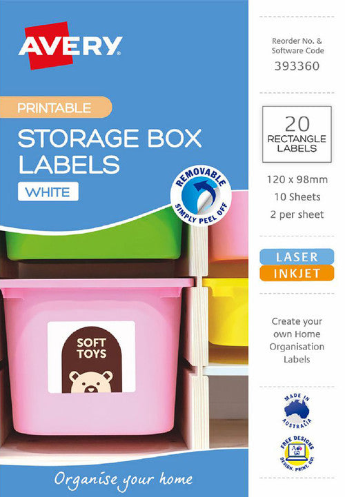 Avery Storage Box Labels 120 x 98mm Rectangle Removable 20 Pack
