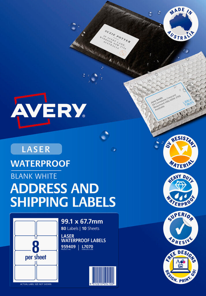 Avery White Weatherproof Shipping Labels L7070 80 Labels 8UP