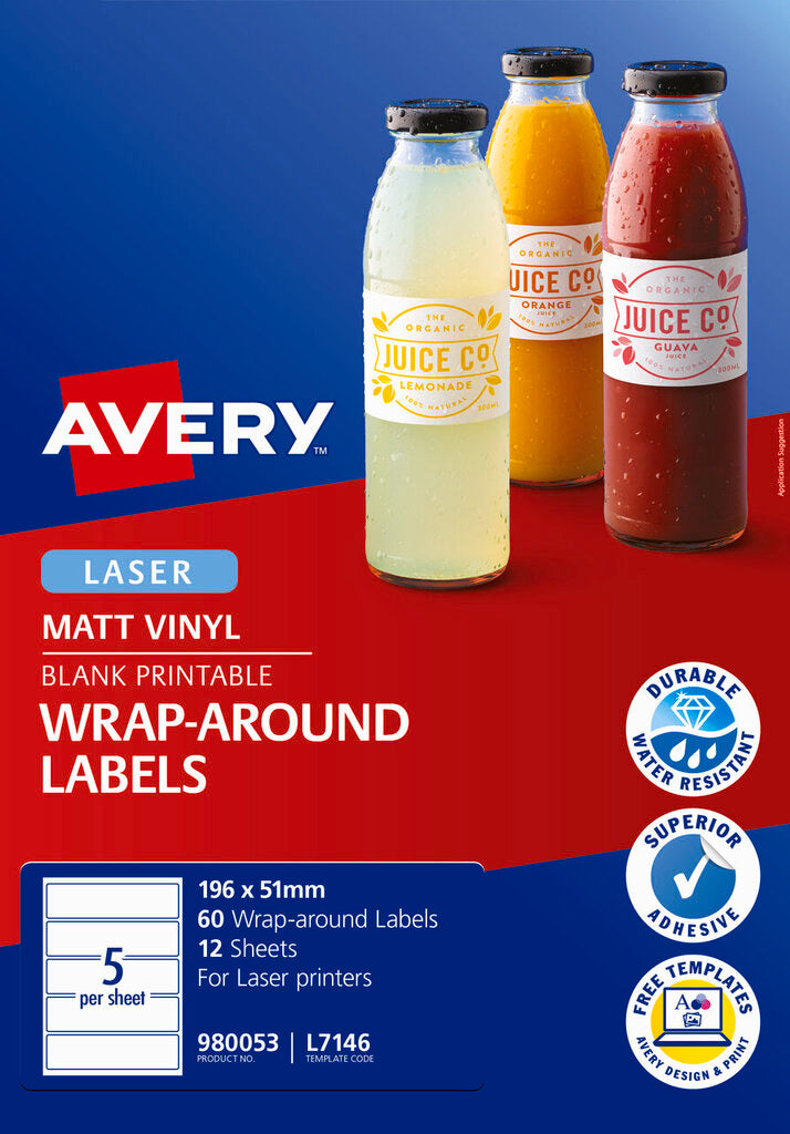Avery Printable Durable Wraparound Labels L7146 60 Pack 196 x 51mm 5UP