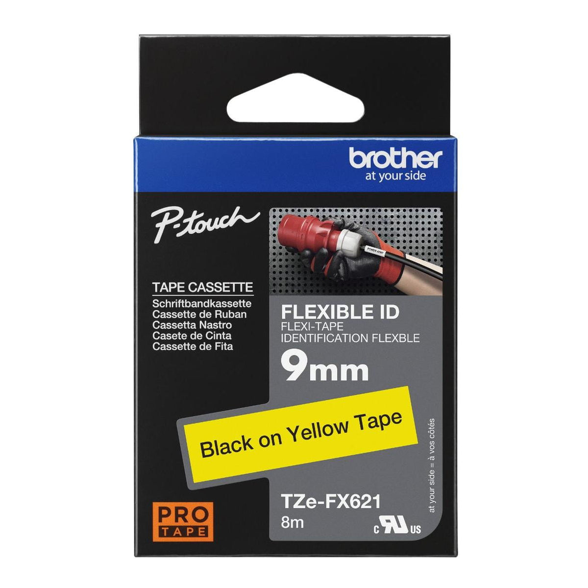 Brother TZe-FX621 Flexible ID Label Tape 9mm Black on Yellow