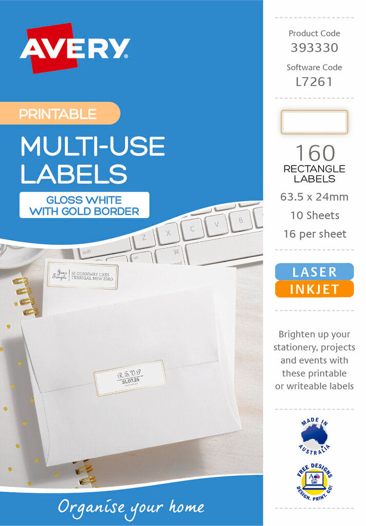 Avery Multi Use Labels With Gold Border 10 Pack 63.5x24mm Laser Inkjet 16UP