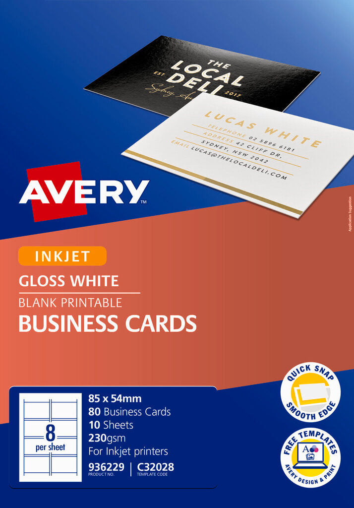 Avery White Quick and Clean Inkjet Business Card Gloss 220gsm 8UP