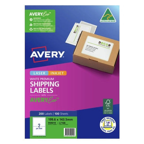 Avery Premium Shipping Labels AveryEco L7168 199.6 x 143.5mm 2UP 200 Labels