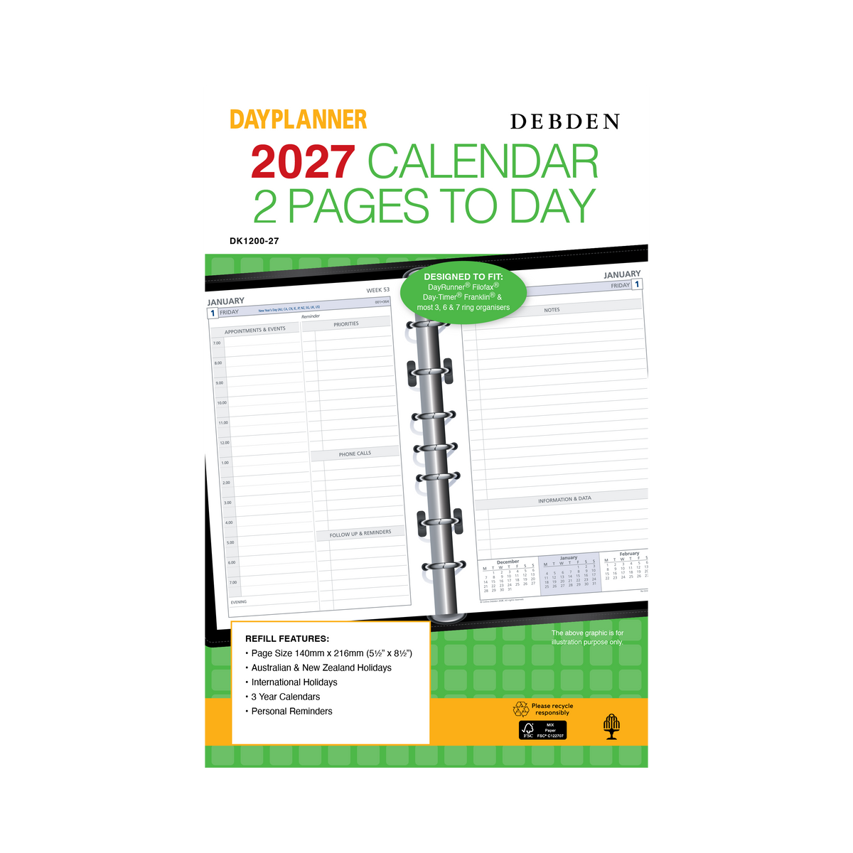 Debden Dayplanner 2027 Desk 7-Ring Refill - 2 Pages to a Day