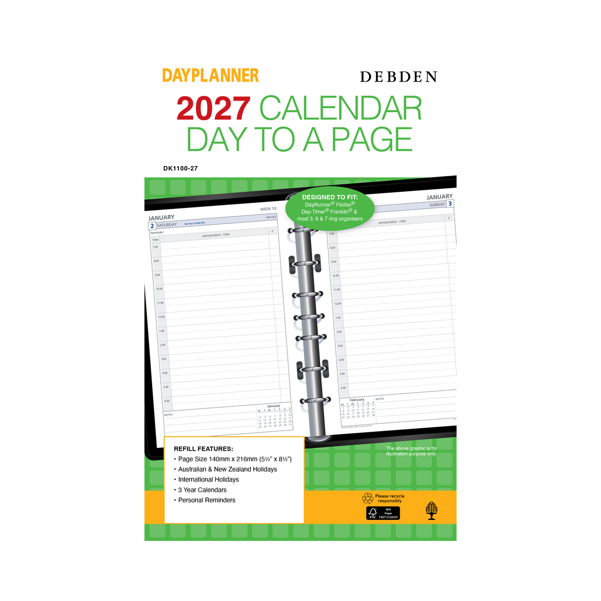 Debden Dayplanner 2027 Desk 7-Ring Refill - Day to a Page