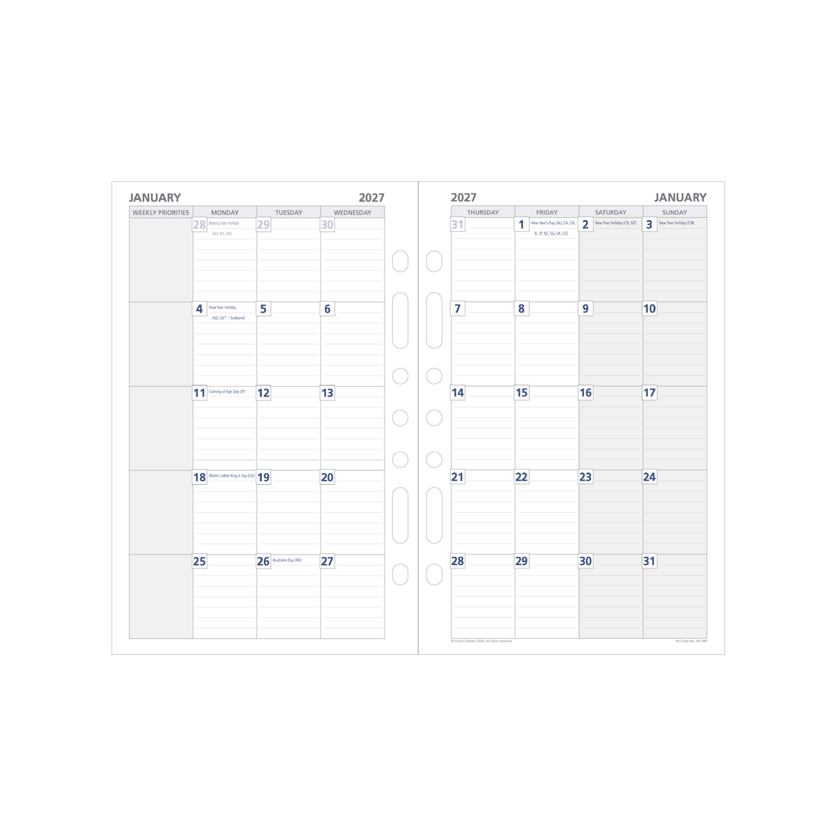 Debden Dayplanner 2027 Desk 7-Ring Refill - Month to View