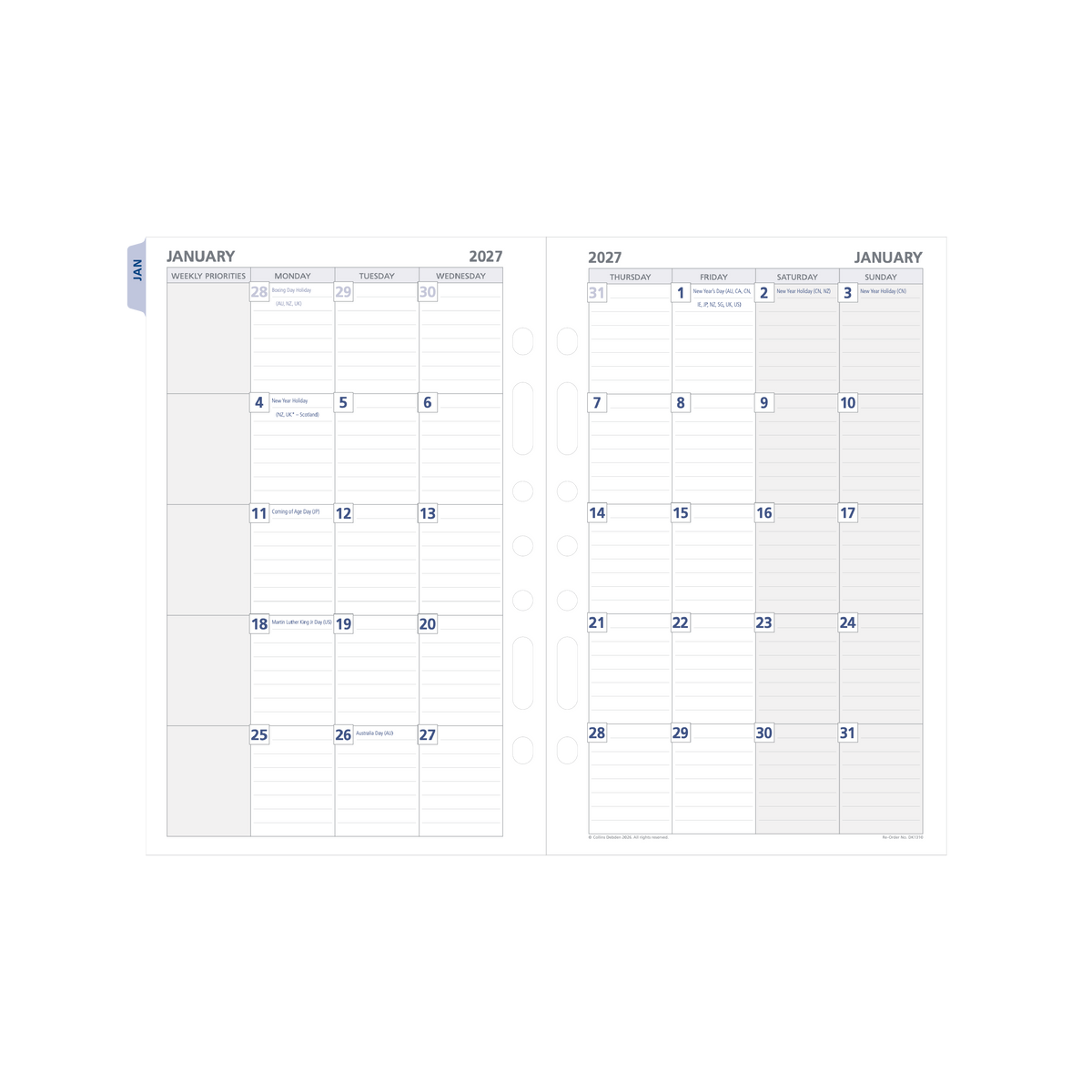 Debden Dayplanner 2027 Desk 7-Ring Refill - Month to View with Tabs