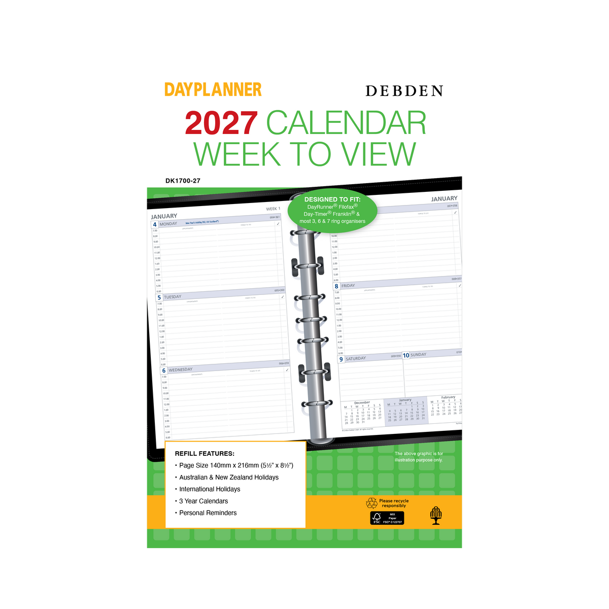 Debden Dayplanner 2027 Desk 7-Ring Refill - Week to View