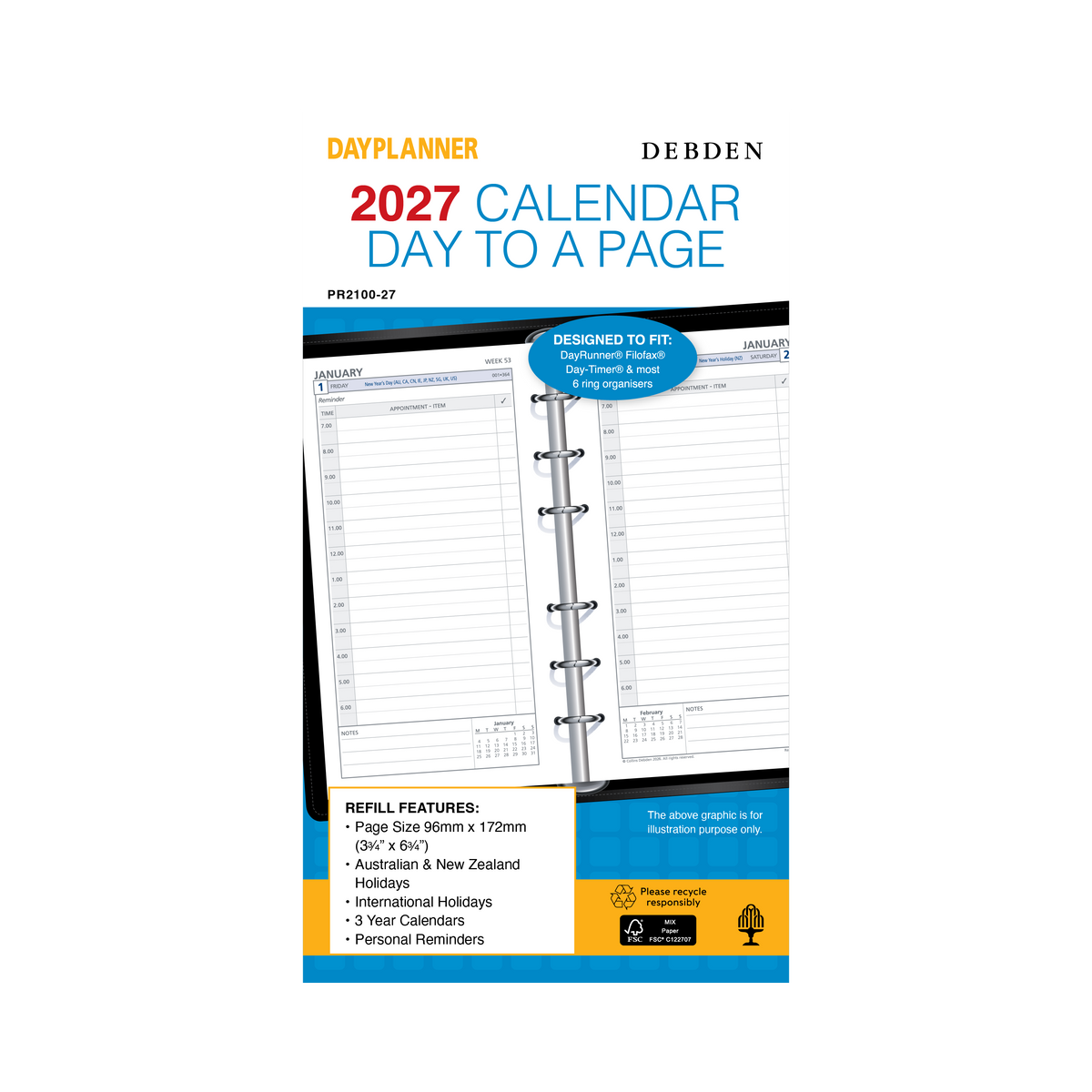 Debden Dayplanner 2027 Personal 6-Ring Refill - Day to a Page