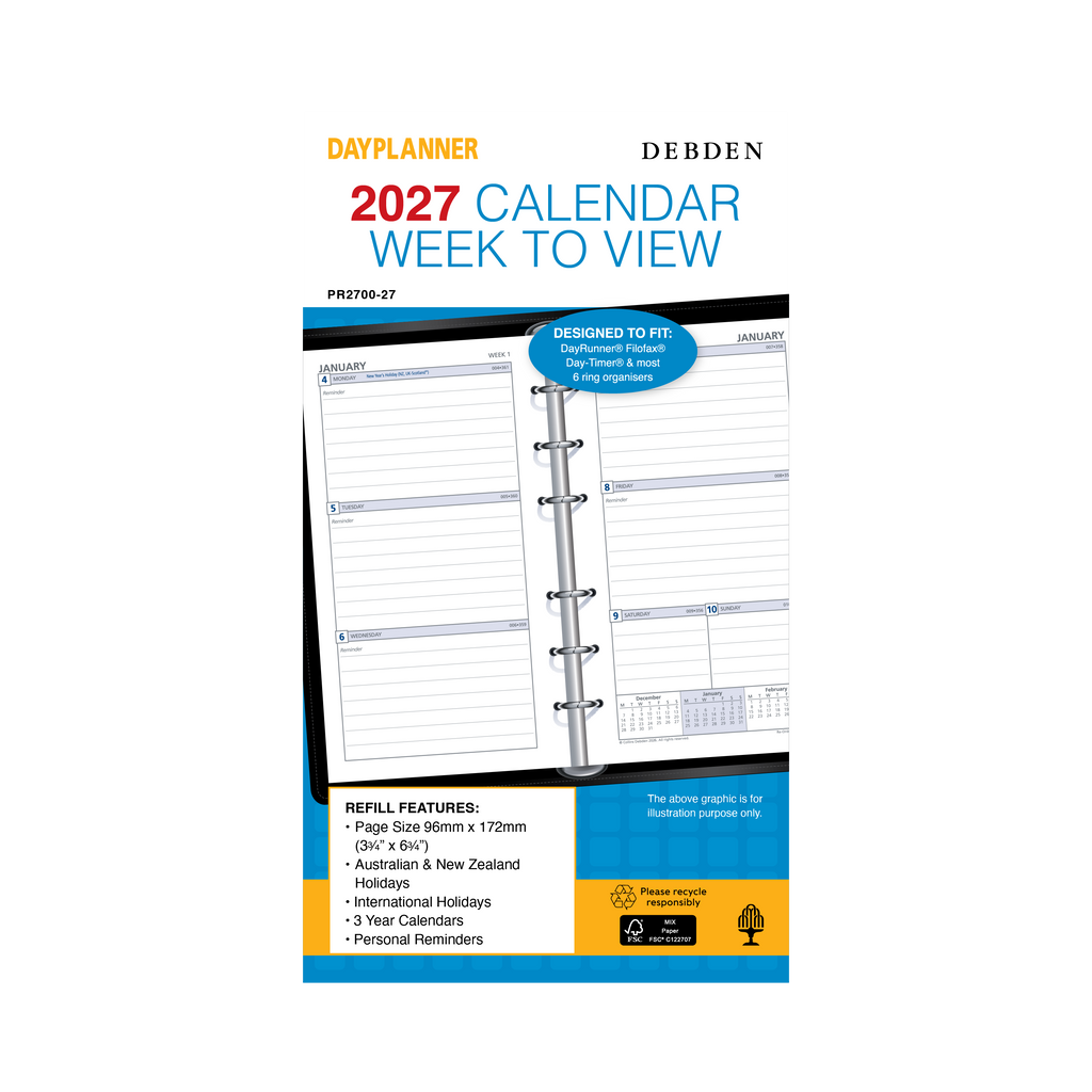 Debden Dayplanner 2027 Personal 6-Ring Refill - Week to View (Ruled)