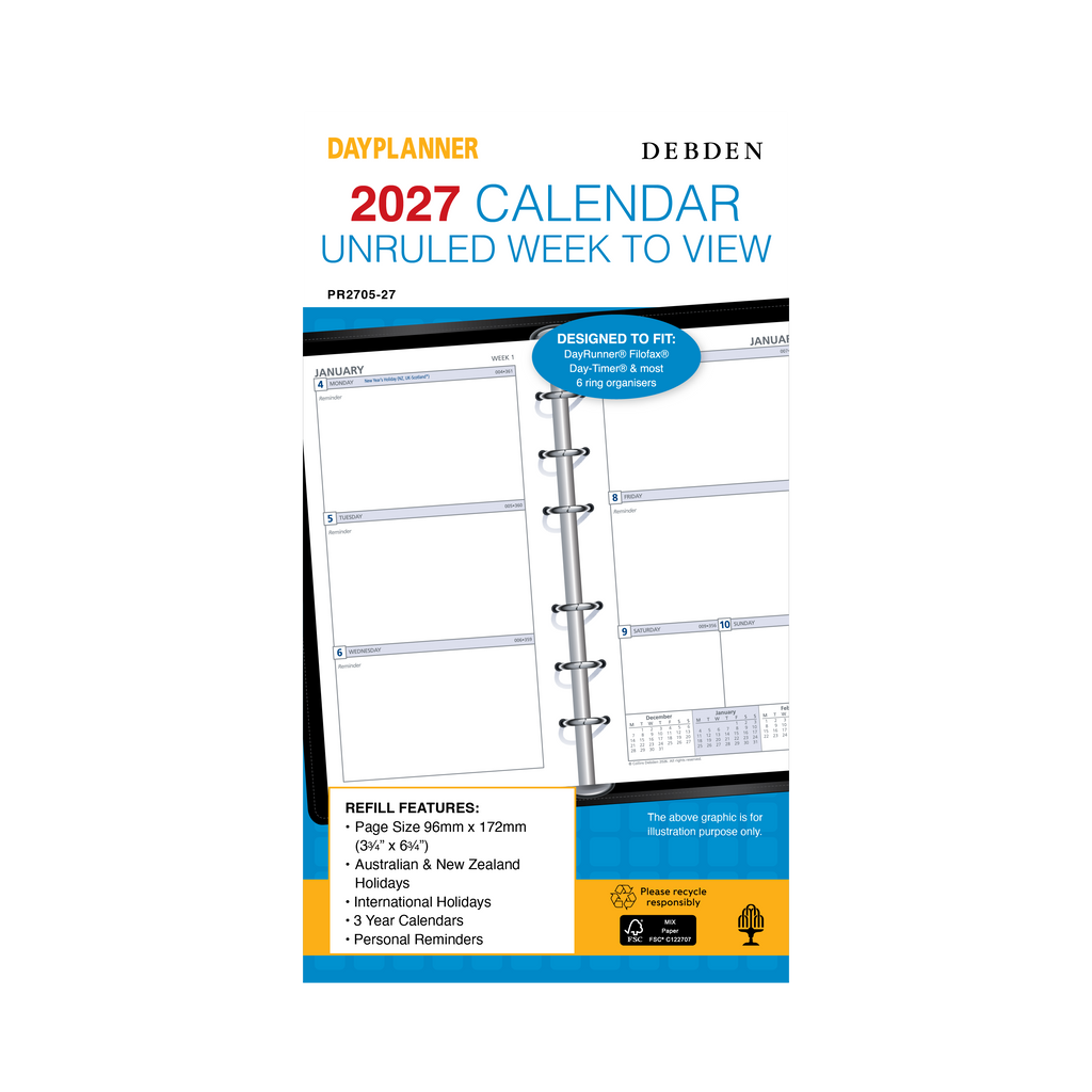 Debden Dayplanner 2027 Personal 6-Ring Refill - Week to View (Unruled)