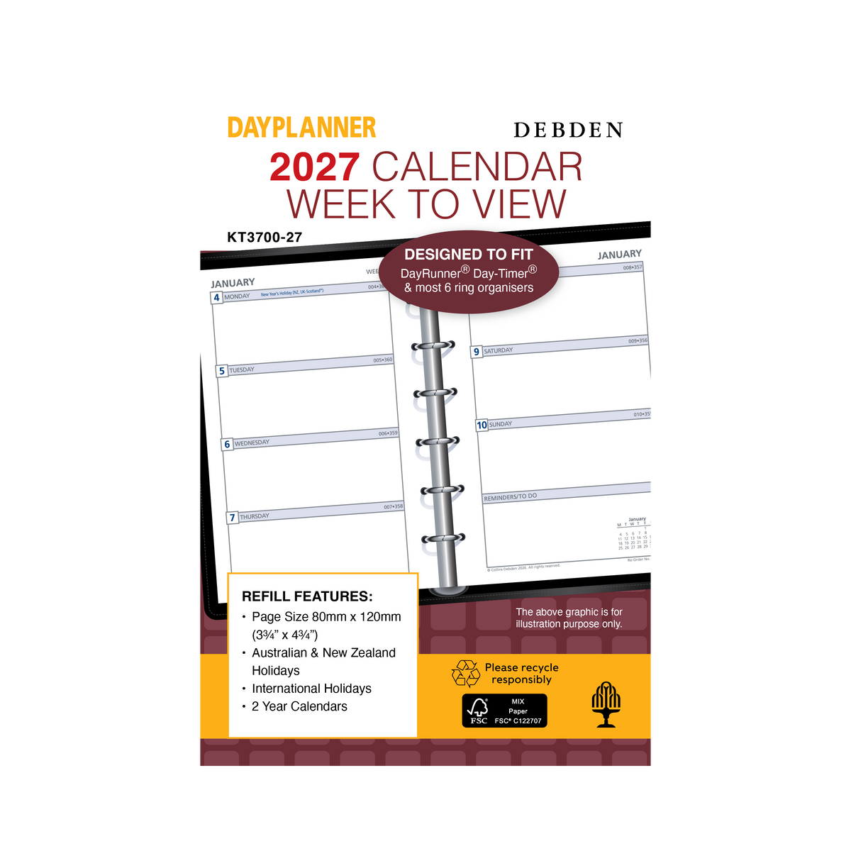 Debden Dayplanner 2027 Pocket 6-Ring Refill - Week to View
