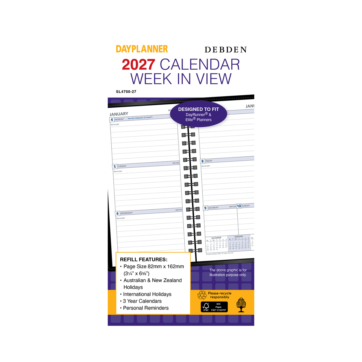 Debden Dayplanner 2027 Slimline Wire-O Refill - Week to View