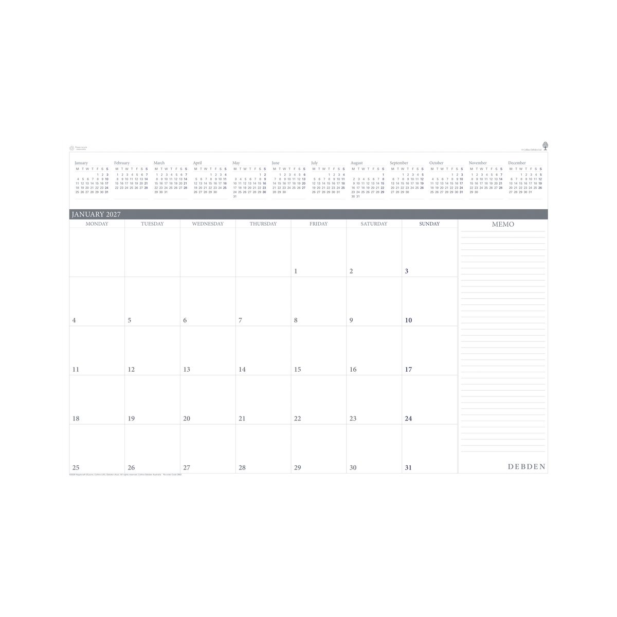 Debden 2027 Desk Top Planner Refill 370x530mm Month to View