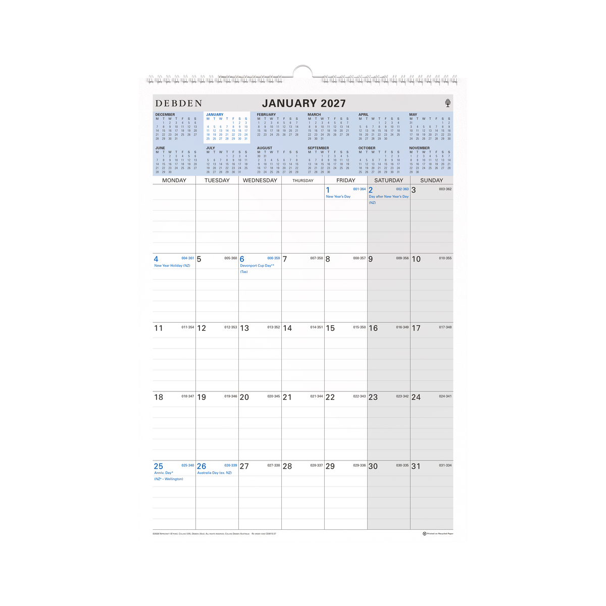 Collins 2027 Wiro Wall Calendar 300 x 432mm Month to View