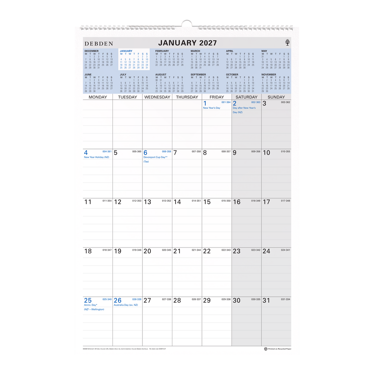 Collins 2027 Wiro Wall Calendar 394 x 577mm Month to View