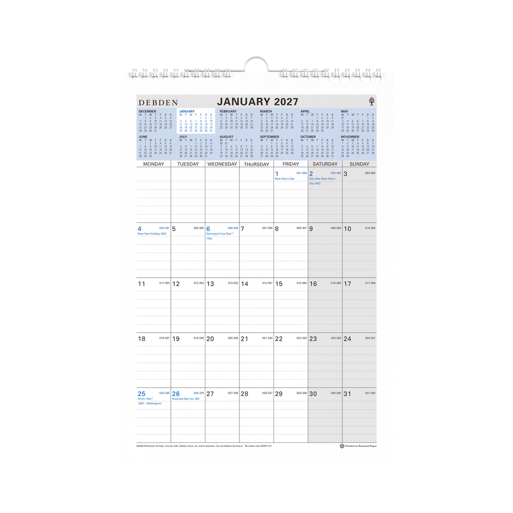 Collins 2027 A4 Wiro Wall Calendar Month to View