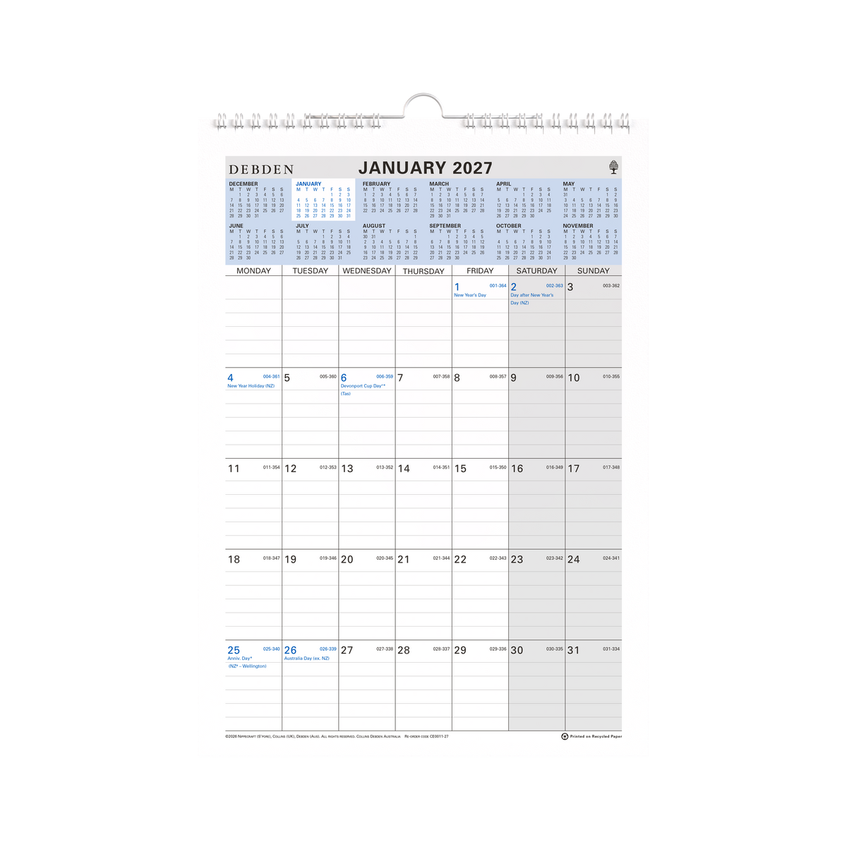 Collins 2027 A4 Wiro Wall Calendar Month to View