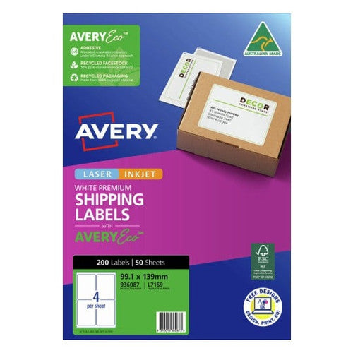 Avery Premium Shipping Labels with AveryEco L7169 99.1 x 139mm 4UP Pack 200
