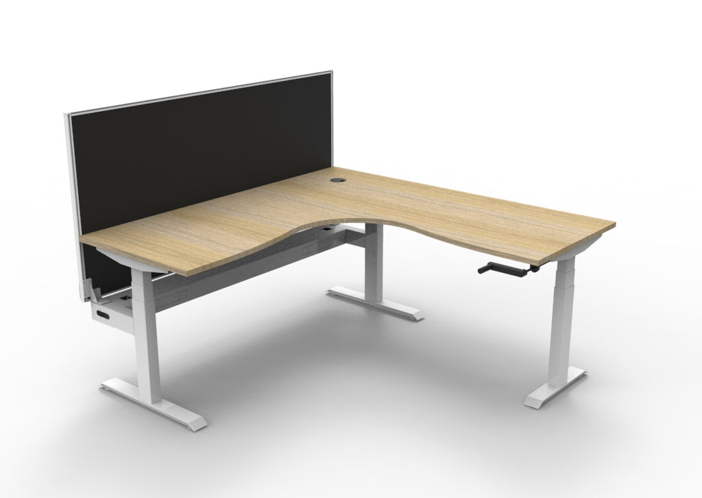 Rapidline Boost Crank Corner Workstation 1800 x 1800 x 750mm with Screen and Cable Tray Natural Oak / White Satin