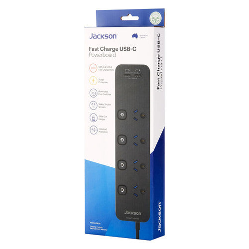 Jackson Fast Charge USB-C Powerboard Switch 4 Outlet Black
