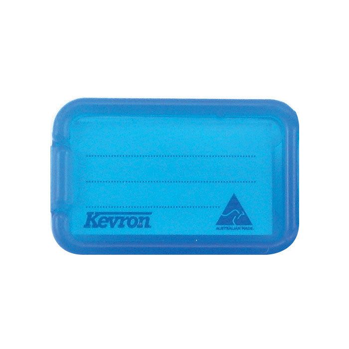 Close up of a single Kevron ID5 key tag in blue showing the ruled insert area, Kevron name and Australian Made mark