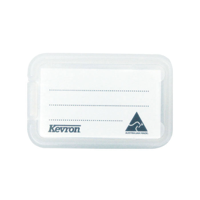 Close up of a single clear Kevron ID5 key tag with a white ruled insert, Kevron name and Australian Made mark