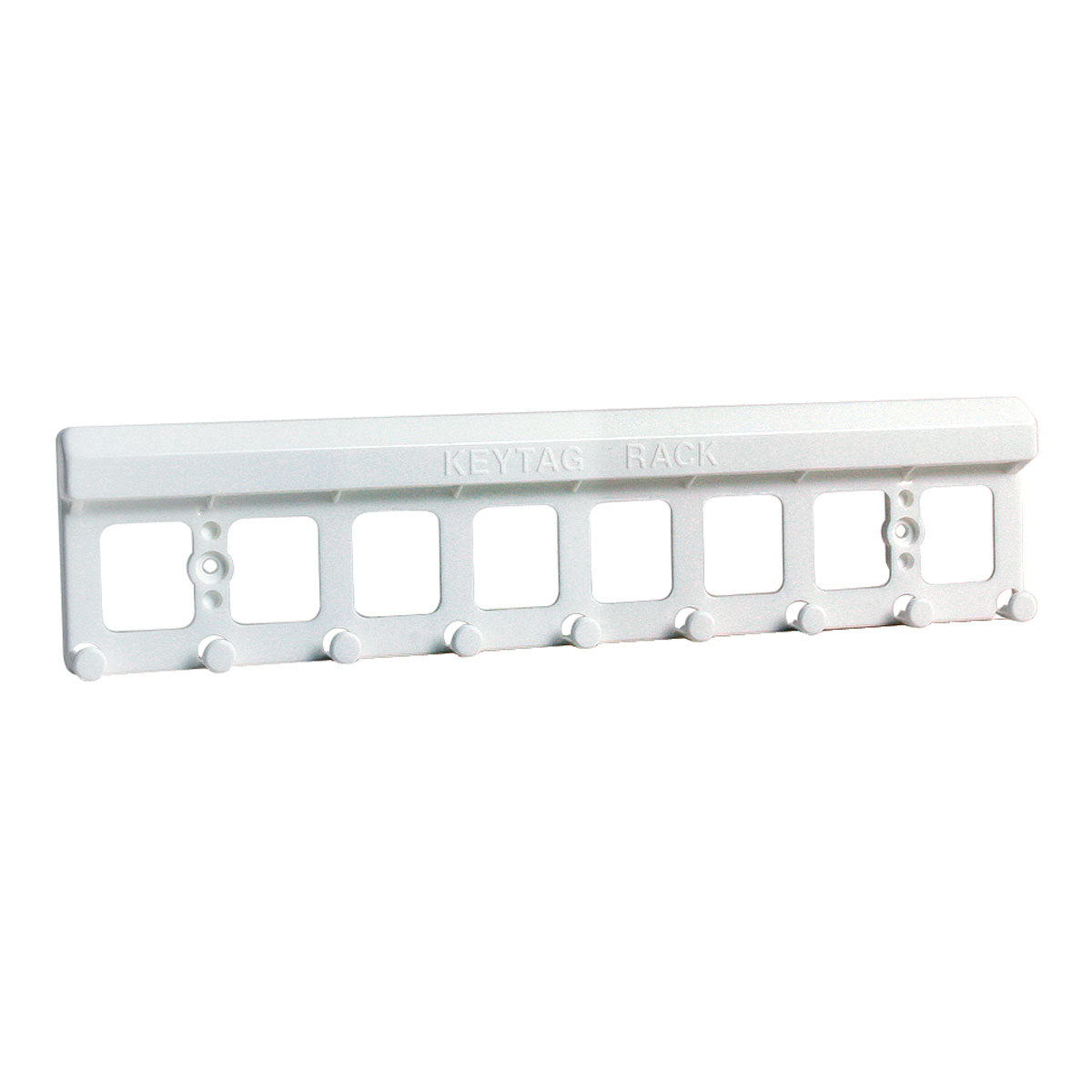 White Kevron 8 tag key rack moulding shown on its own without tags, with eight openings, two screw holes and a row of pegs